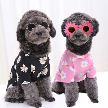 Летняя одежда для домашних собак с принтом, футболка, жилет для щенков, модные цветы маргаритки, милая одежда для французского бульдога для маленьких средних собак